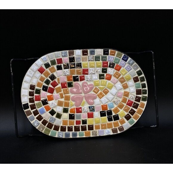 Mid Century Mosaic Tile Oval Trivet Multicolor Pink Hearts Black Metal Handles - Picture 12 of 14